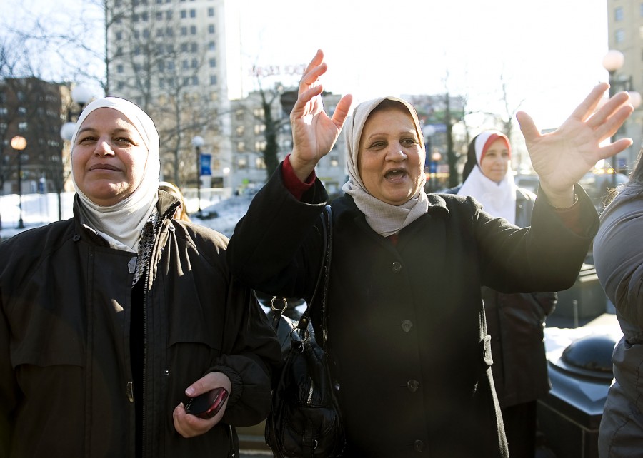 Eman Ali left and Sekina Eissa join the demonstration