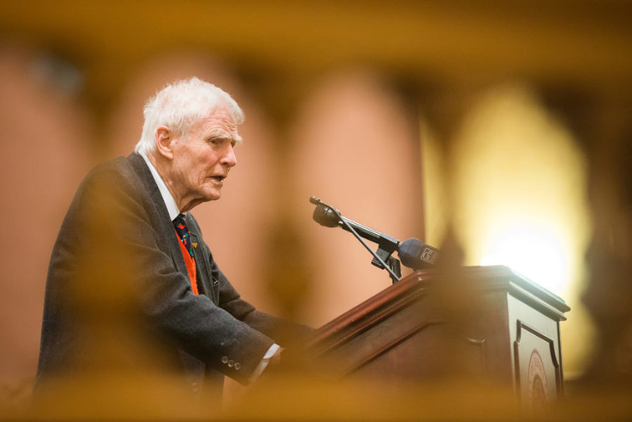 Former Gov. Brendan Byrne, 90, speaks at a book signing event at City Hall in Jersey City on Monday, Jan. 12, 2015. The book is 