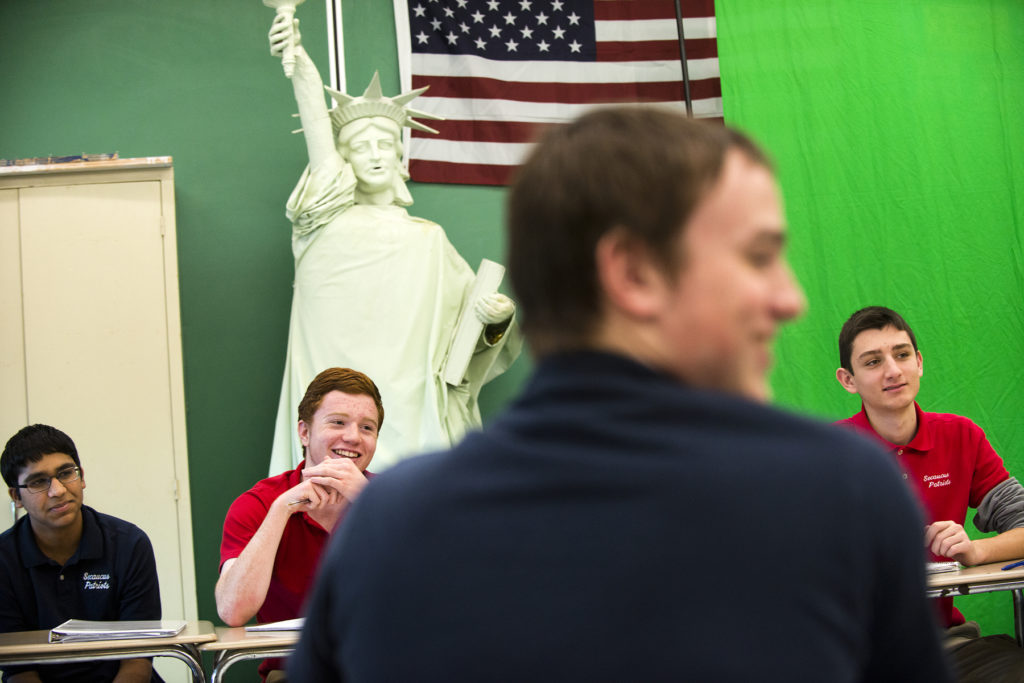 Secaucus High School social studies teacher Michael Gehm's students engaged in a lively discussion on Friday, Jan. 16, 2015. Gehm has been nominated for a LifeChanger of the Year Award. Reena Rose Sibayan | The Jersey Journal