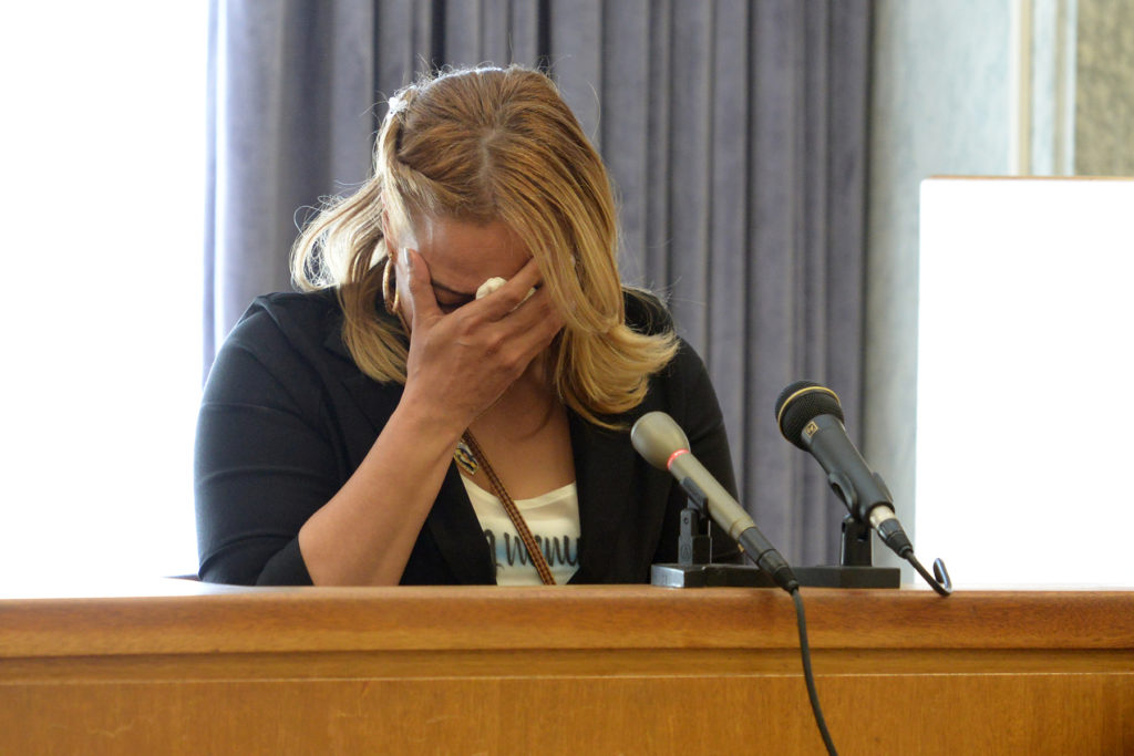 Alishia Colon's mother, Waleska Figueroa, cries as she testifies on Friday, May 1, 2015, during the trial of Cruz Martinez, of Hazleton, Pa., who is accused of killing Colon in her bedroom on Belgrove Drive in Kearny on Jan. 17, 2013. Reena Rose Sibayan | The Jersey Journal