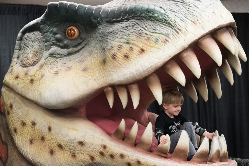 A child sits inside a T-Rex's mouth at Discover the Dinosaurs at the Meadowlands Exhibition Center in Secaucus on Friday, Jan. 1, 2016. The event runs until Sunday, Jan. 3. Reena Rose Sibayan | The Jersey Journal