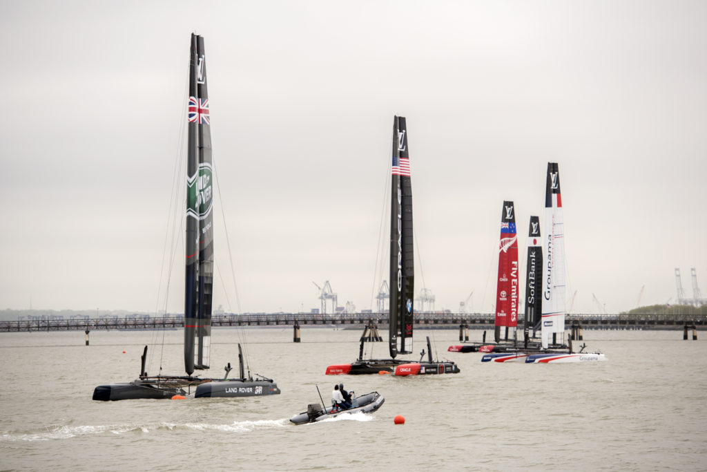 Catamarans that will be racing in this weekend's Louis Vuitton America's Cup World Series are seen on the Hudson River from Liberty State Park in Jersey City anchored near Ellis Island and Lower Manhattan and in view of the Statue of Liberty, Friday, May 6, 2016. Reena Rose Sibayan | The Jersey Journal