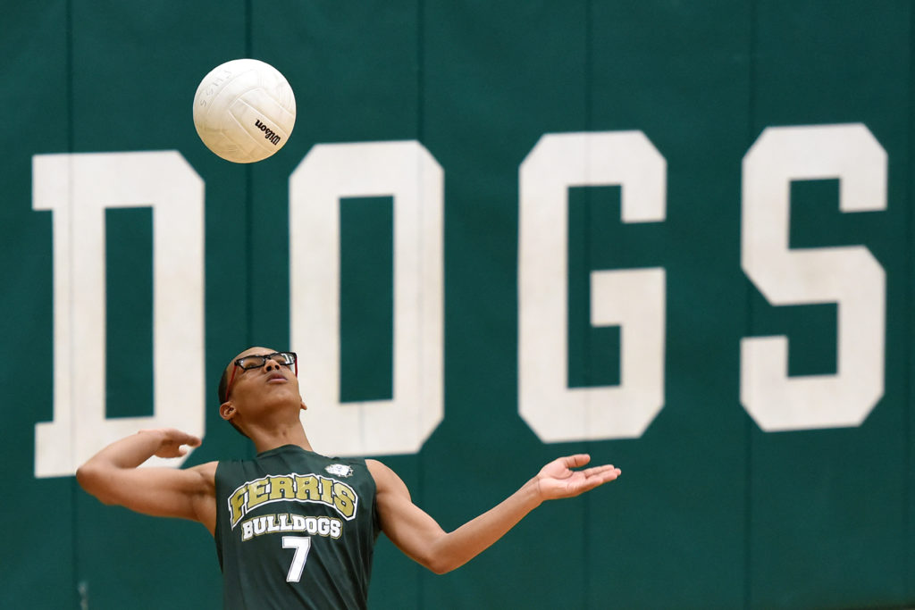 Ferris' Luis Pacheco plays against Hudson Catholic during the volleyball match at Ferris in Jersey City on Tuesday, May 10, 2016. Reena Rose Sibayan | The Jersey Journal