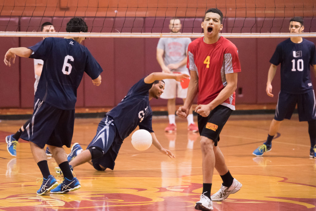 North Bergen's Jonathan Andrews reacts as his teams scores during the boys volleyball Hudson County Tournament quarterfinals against Union City in North Bergen on Wednesday, May 18, 2016. North Bergen won, 20-25, 25-14, 25-20. Reena Rose Sibayan | The Jersey Journal