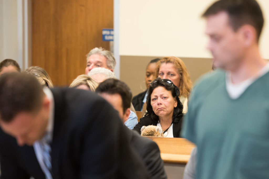Scott Hahn, of Hamilton, enters a not guilty plea as he is arraigned on Monday, Sept. 26, 2016, at Hudson County Superior Court, on charges he caused the death of Bayonne residents Tim O'Donnell, 48, and his daughter, Bridget, 5, in a crash on the New Jersey Turnpike in Jersey City on Feb. 22. Pam O'Donnell, Tim's wife and Bridget's mother, attended the hearing holding her daughter's teddy bear. Reena Rose Sibayan | The Jersey Journal
